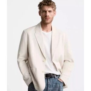 NWOT Zara Linen Blend Blazer Sports Coat Ivory Cream Size L‎